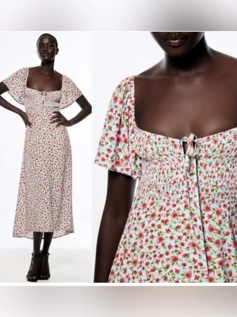 Zara Smocked Top Floral Print Flutter Sleeves Midi Dress in Blue L